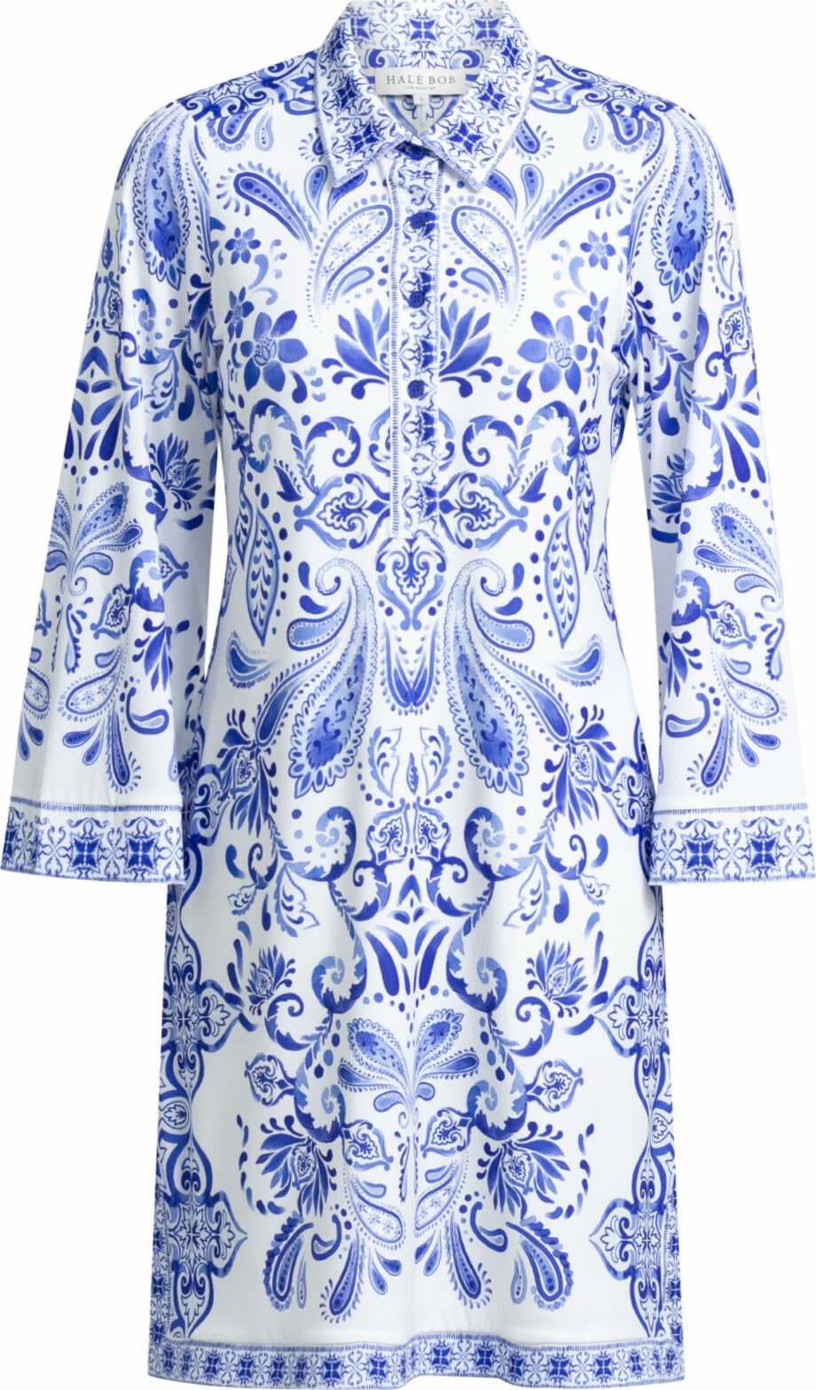 Straight cut dress with 3/4 sleeves and ornamental print