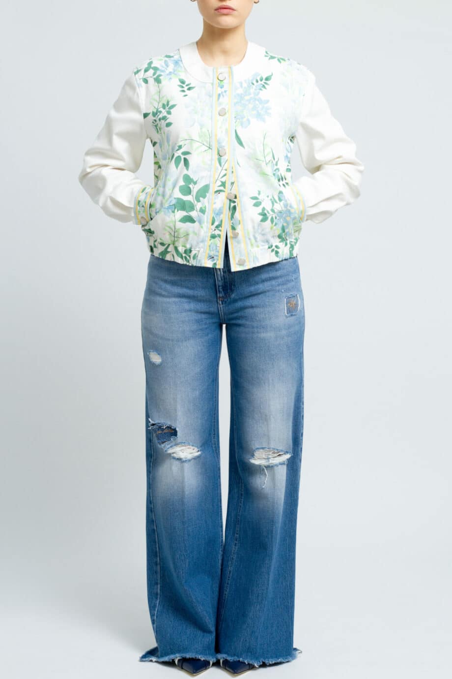 Denim jacket with crew neck and floral print