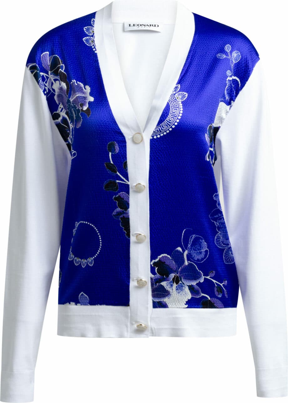 Knit cardigan with silk front and floral print