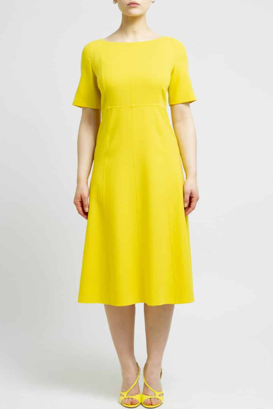 Calf length, slightly flared dress with short sleeves