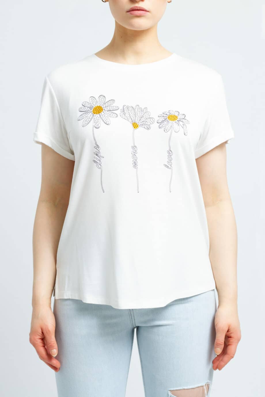 Stretch T-Shirt mit floralen Strasssteindetails