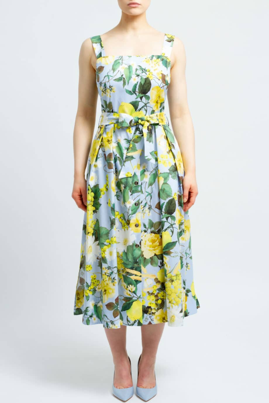 Calf length cotton dress with floral print and belt