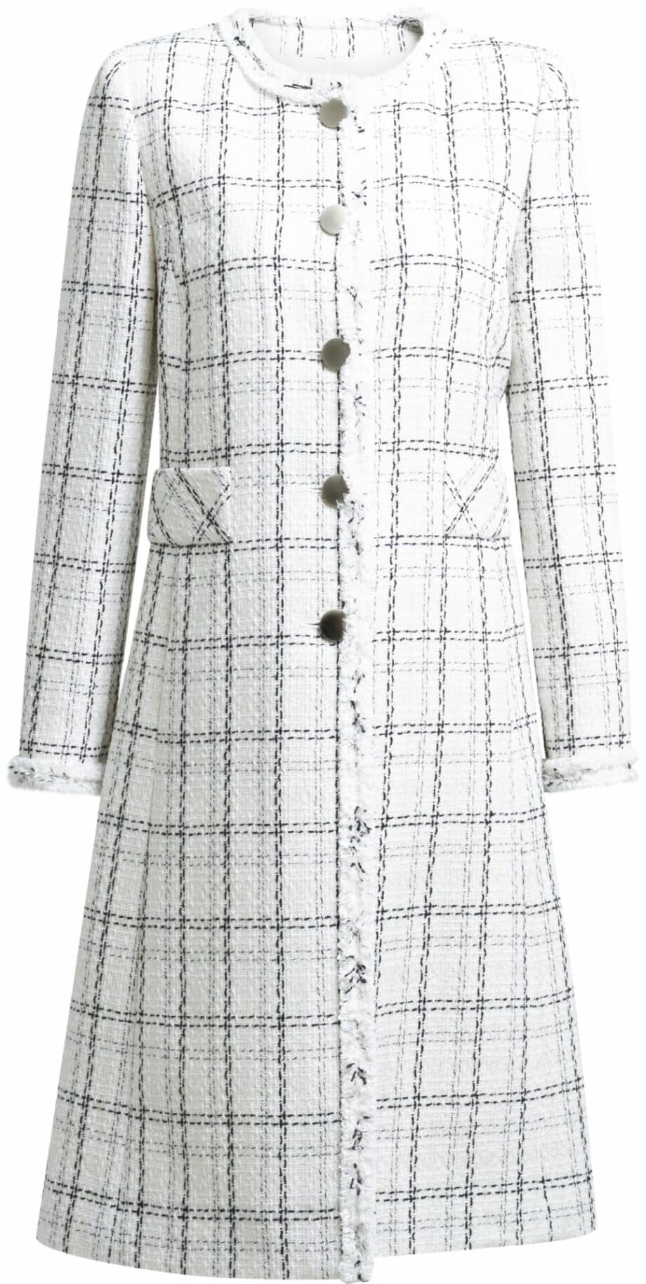 Collarless tweed coat with checkered print