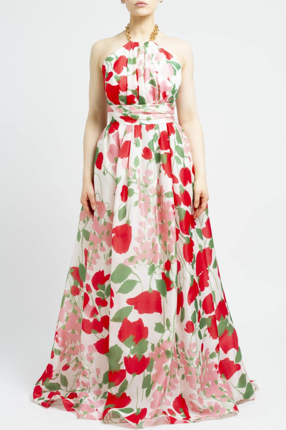 Silk neckholder gown with floral print