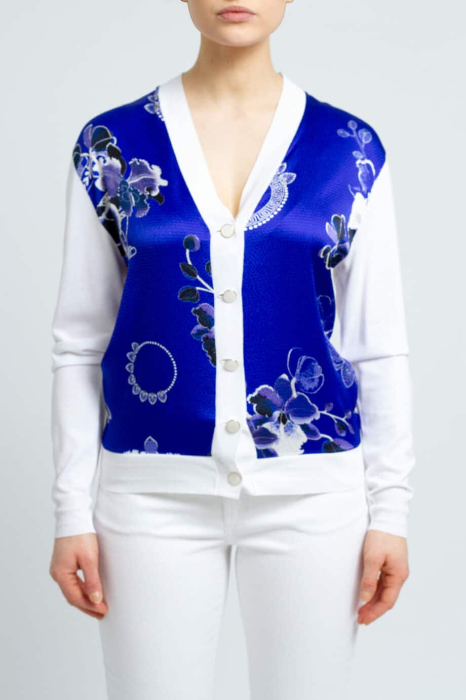 Knit cardigan with silk front and floral print