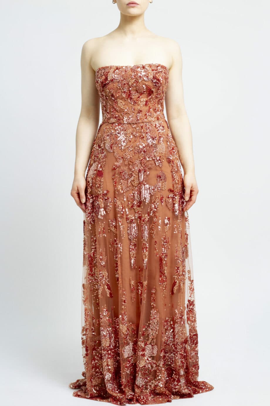 Floor length, fully embroidered bustier gown