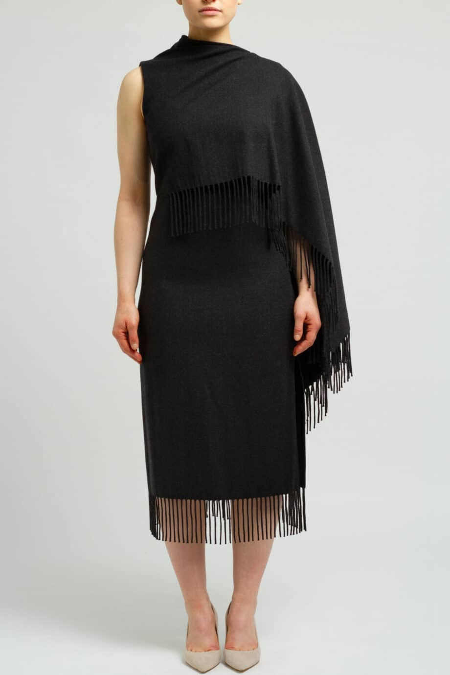 Knee-covering virgin wool dress with shawl detail and fringes