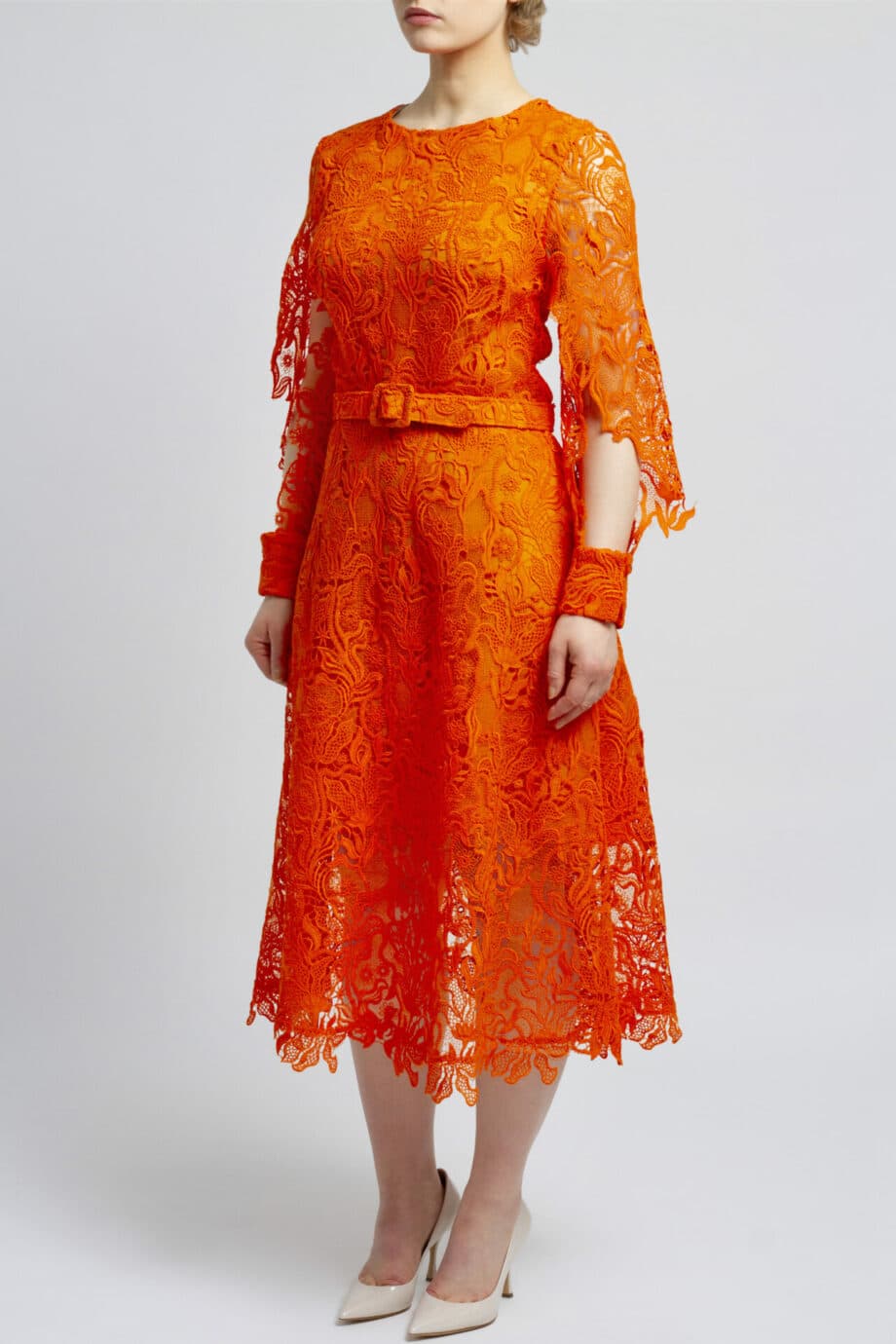 Calf length lace dress with open sleeves and belt