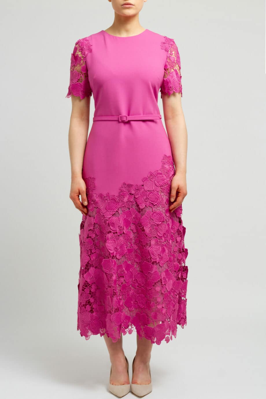 Calf length virgin wool dress with floral lace details and silk lining