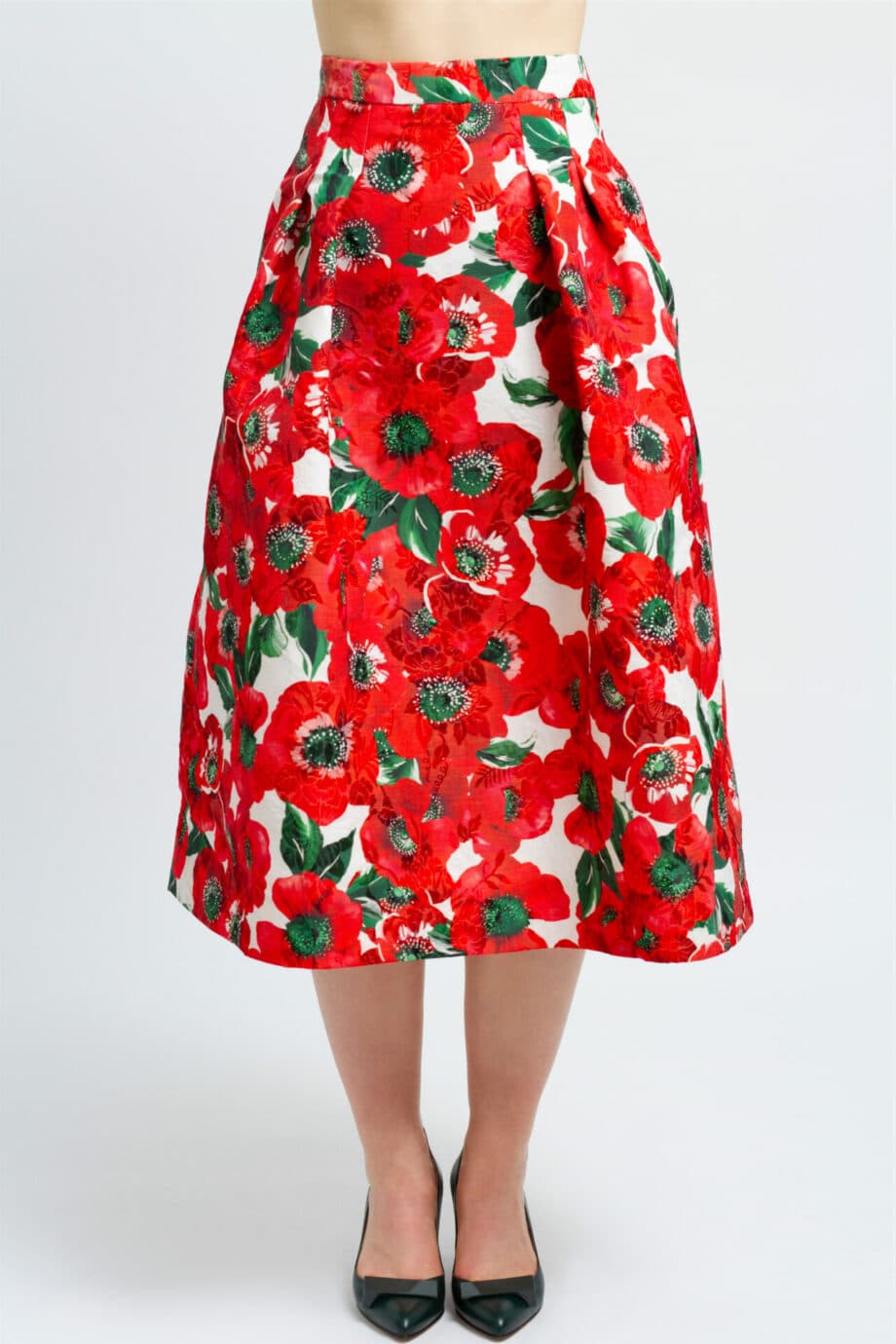 Calf length, flared skirt with floral print