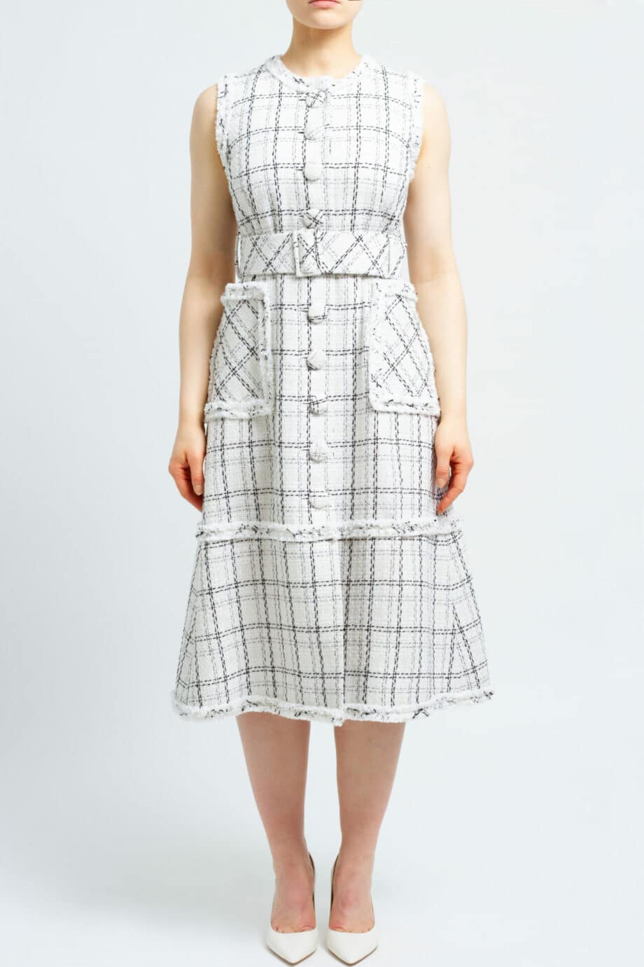 Tweed dress with checkered print, belt and button details