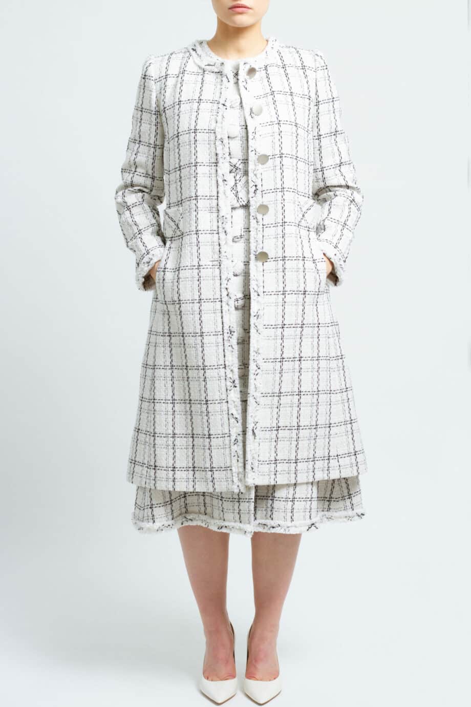 Collarless tweed coat with checkered print