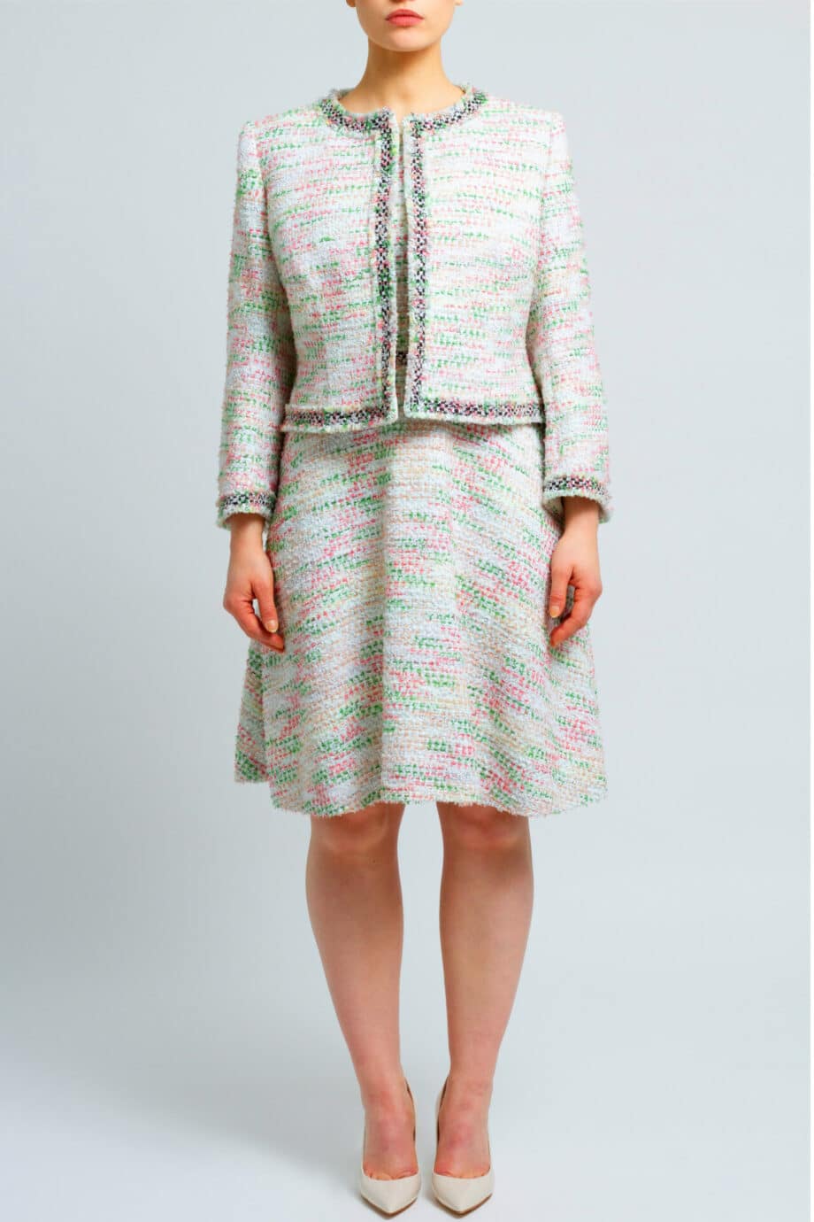 Knee-length, slightly flared tweed dress with matching jacket