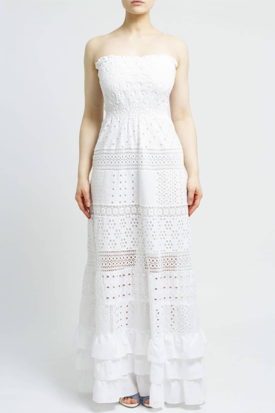 Long, strapless cotton lace dress