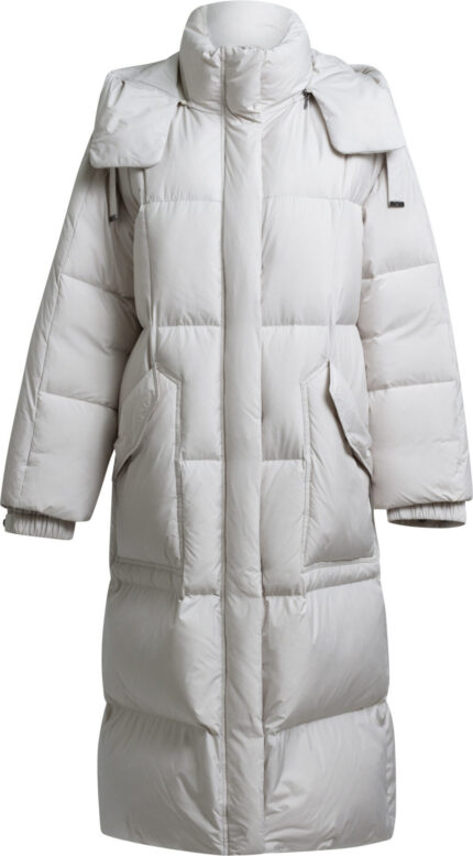 Long down coat with hood and patched pockets