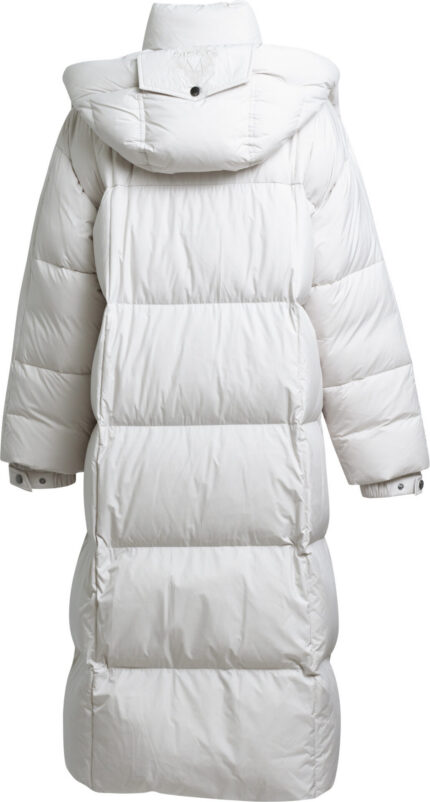 Langer Daunenmantel mit Kapuze und aufgesetzten Taschen – Bild 3