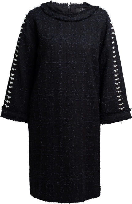 Knee-length tweed dress with decorative pearl details