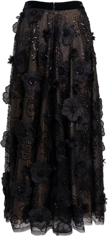 Wadenlanger schwarzer Tüllrock mit Pailletten und 3D-Blüten