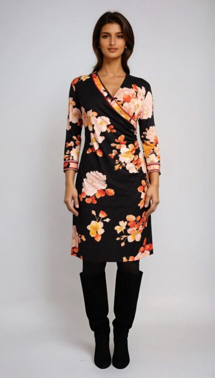 Knee-length jersey dress with floral print and asymmetric detail - Image 2