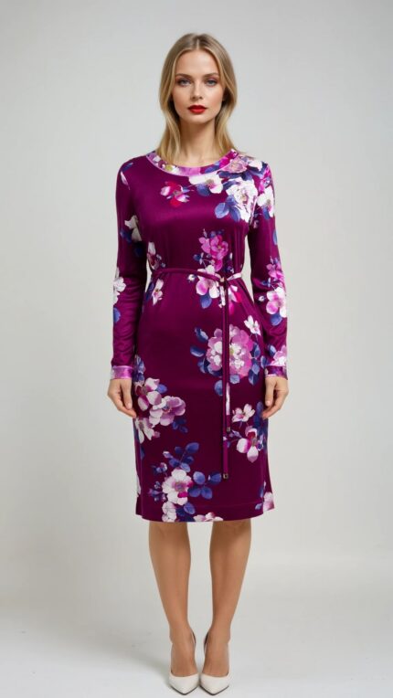 Knielanges Seidenkleid mit Rundhalsausschnitt, langem Arm und floralem Musterprint – Bild 2