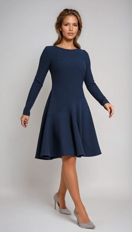 Marineblaues Kleid mit schwingendem Rock – Bild 2