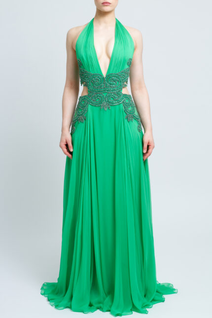 Seidenrobe mit Neckholder und Schmucksteindetails – Bild 2