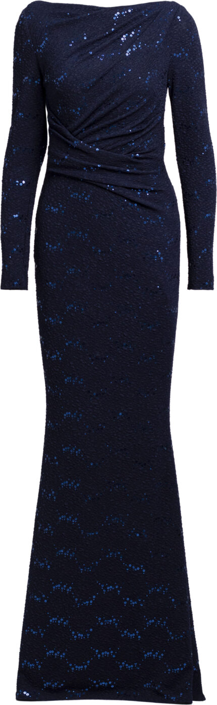 Bodenlanges Abendkleid mit langem Arm, Drapierungen und dezenten Paillettendetails