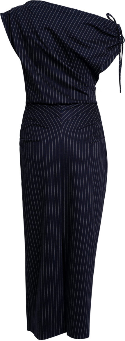 Asymmetrisches Streifenkleid in Marine mit One-Shoulder-Drapierung