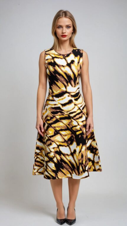 Kniebedeckendes, ausgestelltes Strickkleid mit ornamentalem Musterprint – Bild 2