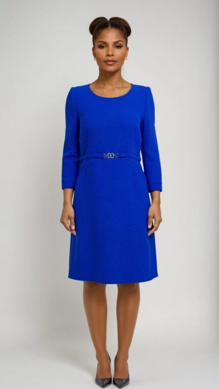 Knee-length virgin wool dress with belt detail - Image 2