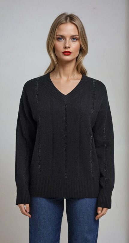 Cashmere Pullover mit V-Ausschnitt und dezenten Strasssteindetails – Bild 2