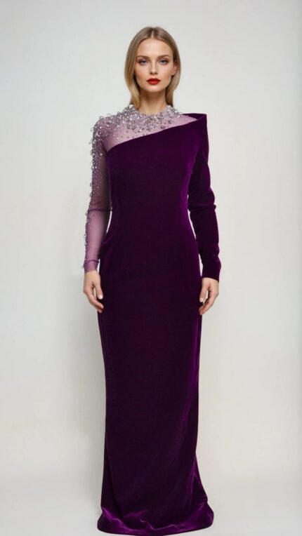 Floor length velvet gown with embroidered body - Image 2