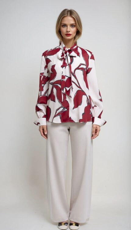 Tie-neck Blouse with Floral Pattern Print - Image 2