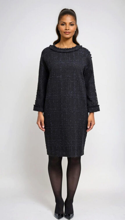 Knee-length tweed dress with decorative pearl details - Image 2