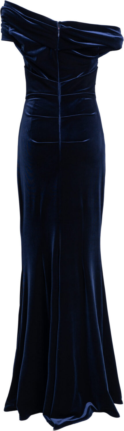 Bodenlanges Samt-Abendkleid in Marine mit drapiertem Off-Shoulder-Ausschnitt – Bild 3