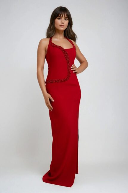 Neckholder-Abendkleid mit floraler Applikation – Bild 2