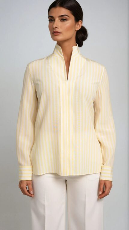Gestreifte Seidenbluse mit Stehkragen – Bild 2