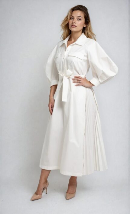 Elegantes Midi-Hemdblusenkleid in Off-White mit Plissee-Detail und Bindegürtel – Bild 2