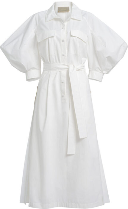 Elegantes Midi-Hemdblusenkleid in Off-White mit Plissee-Detail und Bindegürtel