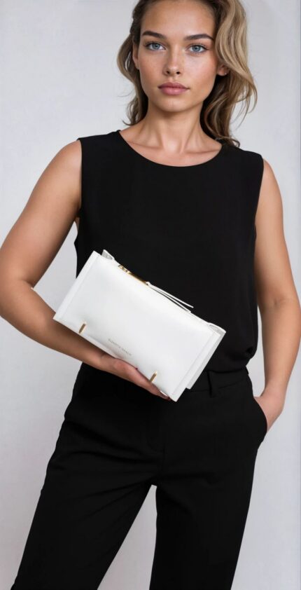 White designer clutch with zip closure and gold-tone logo - Image 2