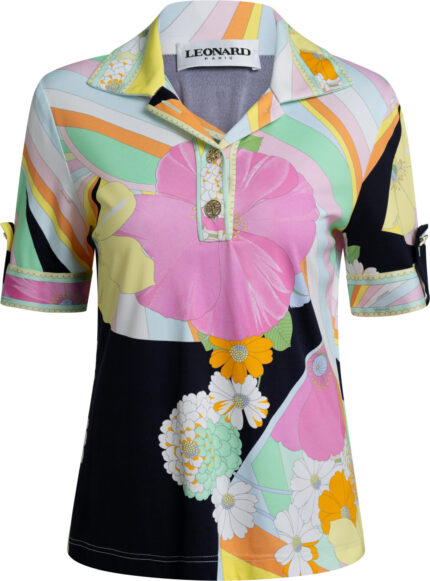 Print-Polo aus Polyamid in Multicolor mit floralem Motiv und Streifen-Design