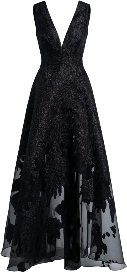 Abendkleid mit tiefem V-Ausschnitt und transparenter A-Linien-Schleppe