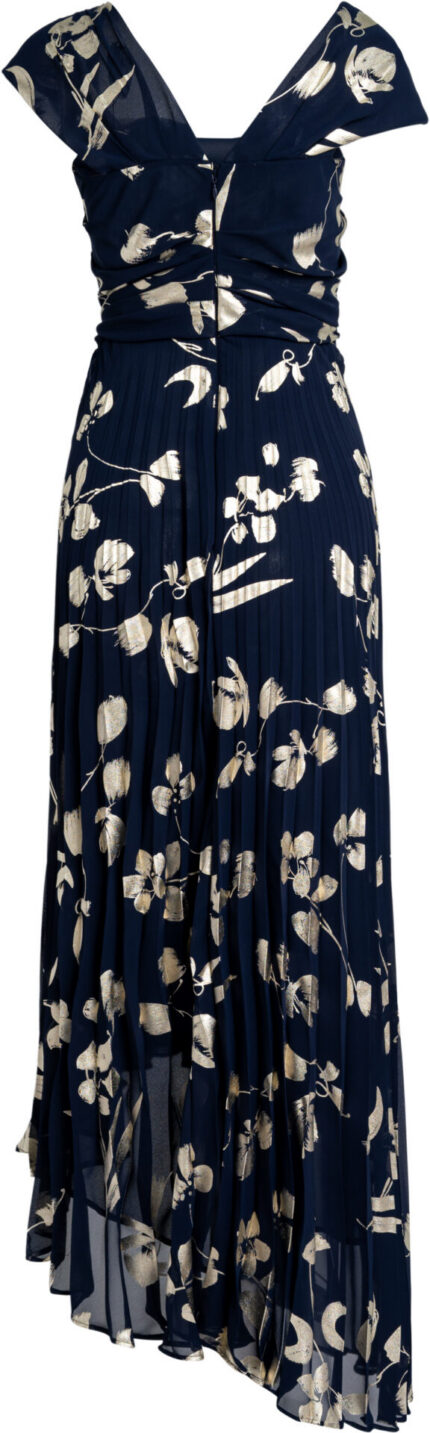 Marineblaues Asymmetrisches Kleid mit goldfarbenem Blütenprint – Bild 3