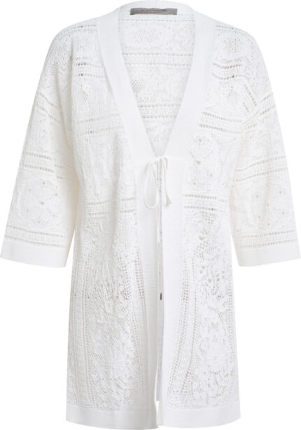 Weißer Strick-Cardigan in Häkeloptik mit Bindeband und Lochmuster