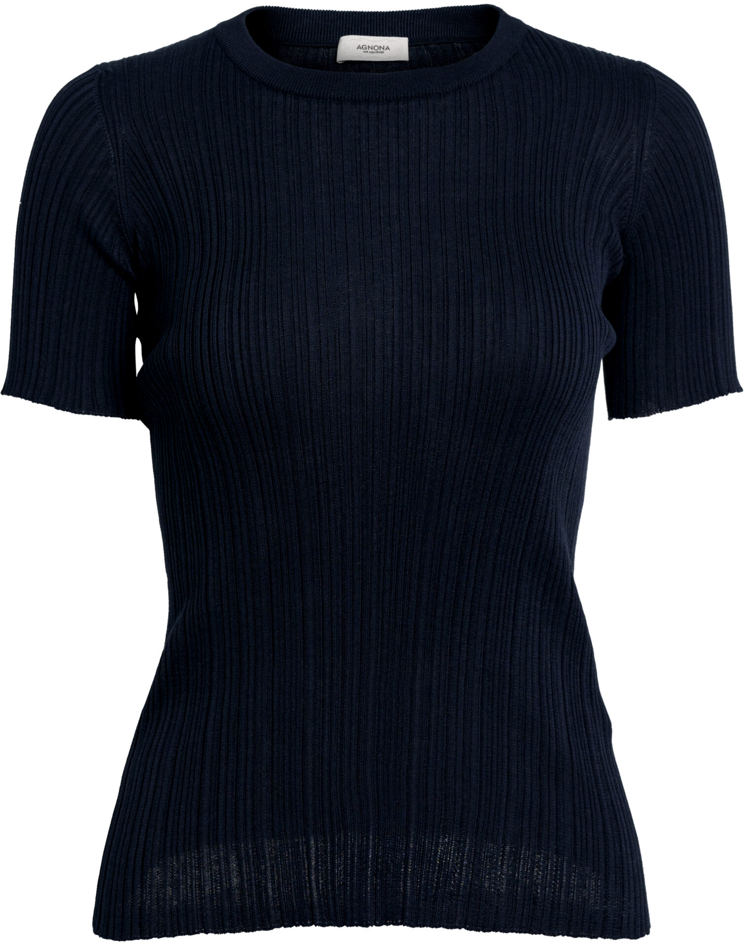 KT09015-7Q180P_marine_779_a_1 Marineblaues Rippenstrick-Kurzarmtop aus Baumwolle-Seide – Bild 1