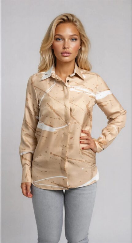 Seidenbluse in Beige mit abstraktem Print und verdeckter Knopfleiste – Bild 2