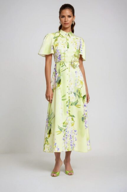 Baumwoll-Hemdkleid im Midi-Format mit Blumenprint und Taillen-Blüte – Bild 2