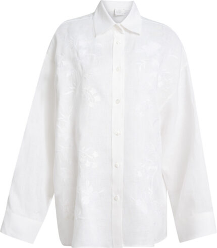 White Linen Blouse with Floral Embroidery and Oversized Fit<br>
