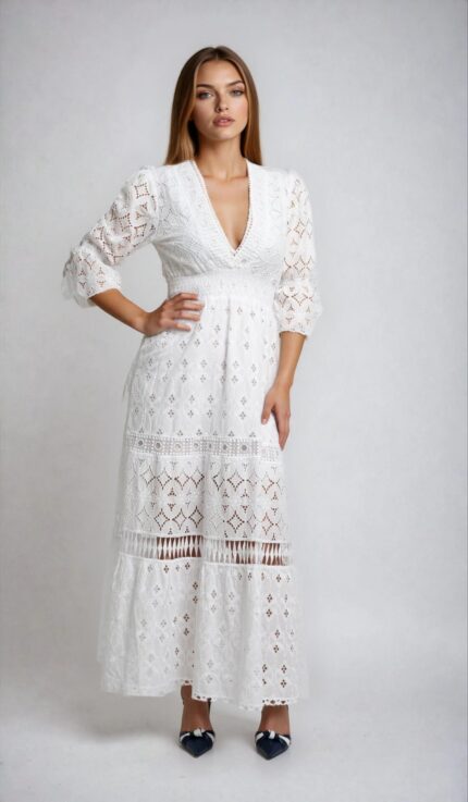 White Cotton Maxi Dress with Broderie Anglaise & Smocked Waist - Image 2