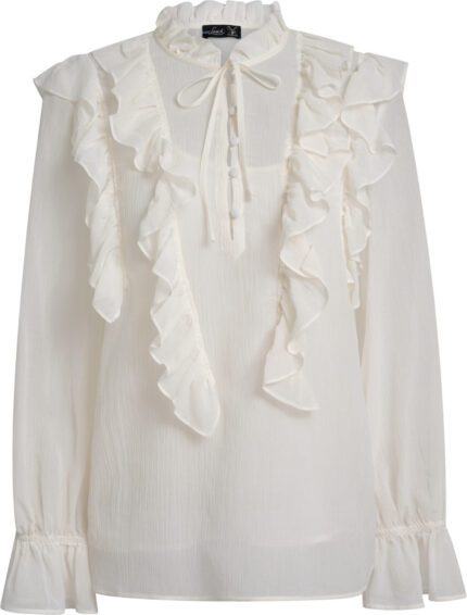 Weiße Rüschenbluse aus Baumwoll-Seiden-Mix mit Stehkragen und Volantärmeln